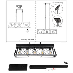 5-light farmhouse pendant light, metal pendant light island fixture, modern rectangular island light, pure black (no bulb)
