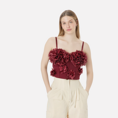French mesh see through fishbone corset with chest cushion three-dimensional flower shaped outerwear beautiful back