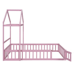 Wooden Full Size Children's Bed with Detachable Headboard and Integrated Clothes Drying Rack, Pink