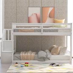 Twin over Twin Floor Bunk Bed, Ladder with Storage  White