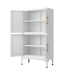 White metal kitchen storage cabinet, kitchen pantry storage cabinet with door and shelf, adjustable leveling feet