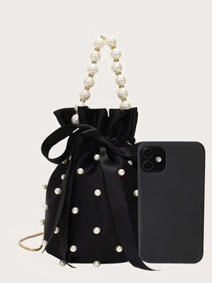 Pearl Detail Solid Color Bucket Bag
