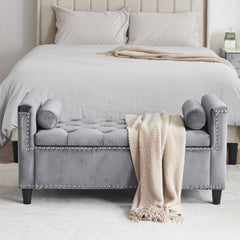 Storage Bench, 44.5-Inch Queen Velvet Button Bedside Bench, Entryway Living Room with Armrests, Nailhead Trim Gray