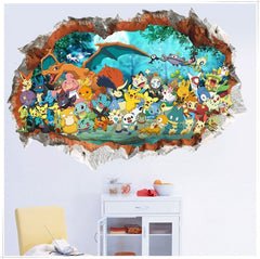 New 3D Pikachu Wall Sticker Pok é mon Wallpaper Self adhesive Cartoon Graffiti Anime Poster Children's Room PVC