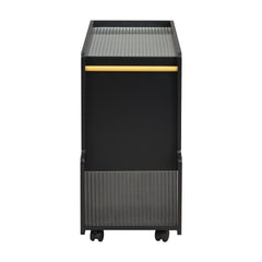 Stylish mobile desk with lockable wheels,bedside table with 5mm thick grooved tempered glass and gold round bars ，black
