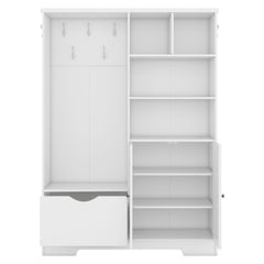 Multi-functional Hall Tree with Storage Shelves Drawers Cabinet Elegant Hallway Shoe Cabinet with Bench Modern Coat Rack White