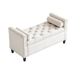 Storage Bench, 44.5-Inch Queen Velvet Button Bedside Bench, Entryway Living Room with Armrests, Nailhead Trim Cream White