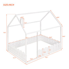 (Slats are not included) Full Size Wood Bed House Bed Frame with Fence for Kids Teens Girls Boys (White )