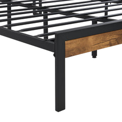 Queen Size Metal Platform Bed Frame with Wooden Headboard and Footboard with USB LINER