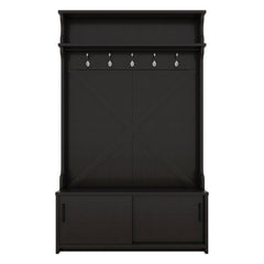 Hall tree with roof rack and storage platform, corridor shoe cabinet with sliding door, clothes hanger with 5 hooks black