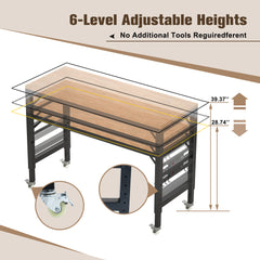 60 inch adjustable garage workbench, rubber wood heavy-duty workstation with power socket and wheels, 2000 pound load capacity