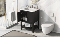 24" Black Modern Sleek Bathroom Vanity Elegant Ceramic Sink with Solid Wood Frame Open Style Shelf