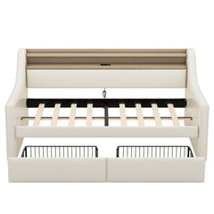 Twin Size Daybed with Storage Drawers, Upholstered Daybed with Charging Station and LED Lights, Beige