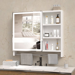 Modern 32x28 inch bathroom storage cabinet with mirrors, LED lights, multi-layer storage compartments, and towel racks