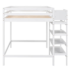 Full Size Loft Bed with Built-in Storage Staircase and Hanger for Clothes  White