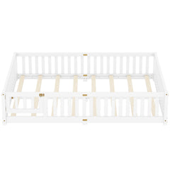 Queen Size Bed Floor Bed with Safety Guardrails and Door for Kids, White