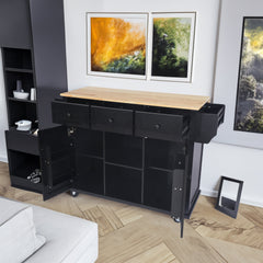 Kitchen trolley with rubber wood leaf countertop, 5-wheel kitchen island, storage cabinet and 3 dining drawers, black