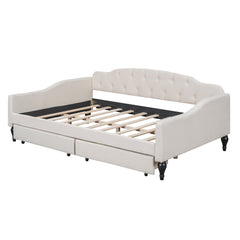 Full Size Upholstered Tufted Daybed with Two Drawers, Beige