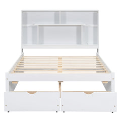 Full Size Platform Bed with Storage Headboard and 2 Drawers, White