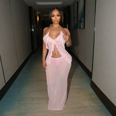 Sexy Transparent Set with Belted Sleeveless Cardigan and Fashionable Long Skirt Two-Piece Set for Women