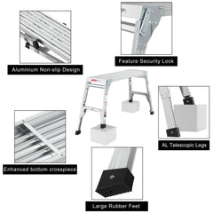 Aluminum Work Platform Large Size Step Stool Folding Portable Work Bench 40" Width Telescopic Feet 22" -27.5" Height Adjustable