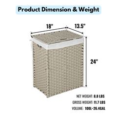 Laundry Hamper With Lid PE Rattan Powder Coating Frame Clothes Hampers with 02 Removable Bags, 100L, Grey Color