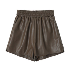 Loose A-line wide leg elastic short leather pants