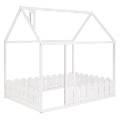 (Slats are not included) Full Size Wood Bed House Bed Frame with Fence for Kids Teens Girls Boys (White )