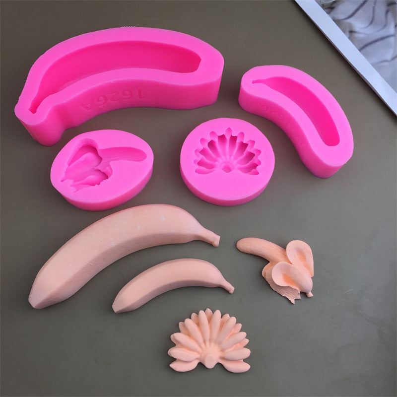 A 3D banana mousse cake with jelly pudding baked and decorated using silicone molds