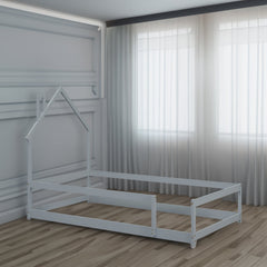 Twin Size Wood bed with House-shaped Headboard Floor bed with Fences,Grey