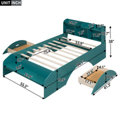Wood Full Size Platform Bed with 2 Drawers, Storage Headboard and Footboard, Dark Green