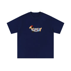 Sausage Dog Flocking Embroidery Short Sleeve T-Shirt Unisex INS Casual Loose Pure Cotton Top Summer Tee Street Fashion