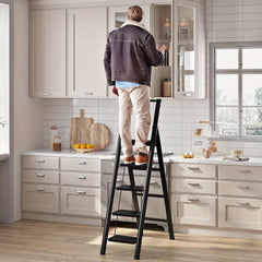 5-step ladder folding stool with anti slip wide pedals, lightweight and easy to carry handle folding ladder