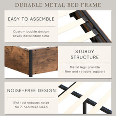 Elevating storage bed frame, full-size bed frame with bookshelf headboard and LED lights, with country brown color