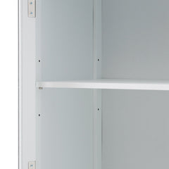 High bathroom storage cabinet with glass door, freestanding, two drawers and adjustable shelves, MDF board, painted white