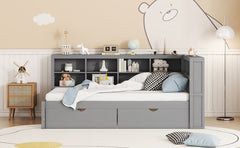 Wooden Twin Size DayBed with 2 Drawers, DayBed with Storage Shelf and USB Charging Ports,Grey