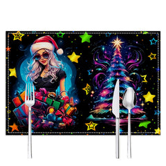 Christmas table mat with white linen starry sky and Santa Claus print