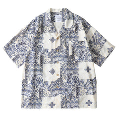 Cool bamboo knot imitation linen weave Cuban collar short sleeved shirt