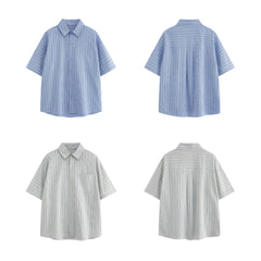 Patch striped casual loose silhouette short sleeved shirt for men