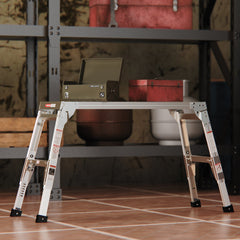 Aluminum Work Platform Large Size Step Stool Folding Portable Work Bench 40" Width Telescopic Feet 22" -27.5" Height Adjustable