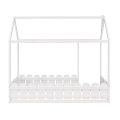 {Slats are not included}Twin Size Wood Bed House Bed Frame with Fence for KidsTeens Girls Boys {White}