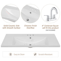 36" Single Bathroom Vanity Top with White Basin  3-Faucet Holes Ceramic  White