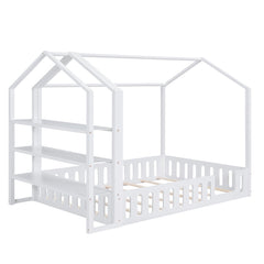 Full Size Wood House Bed with Fence and Detachable Storage Shelves, White