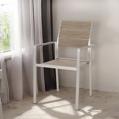 Outdoor Modern Aluminum Dining Chair with Faux Wood Seat (Set of 2), Natural and Silver