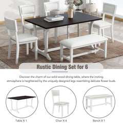 TOPMAX Farmhouse 6-Piece Trestle Dining Table Set with Upholstered Dining Chairs and Bench  59inch, White
