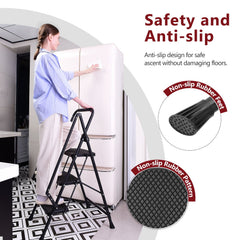 Four step ladder, lightweight folding four step stool, wide anti slip pedal and safety handle, sturdy steel ladder