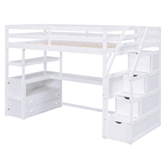 Twin Size Loft Bed with Desk and Shelves  Two Built-in Drawers  Storage Staircase White