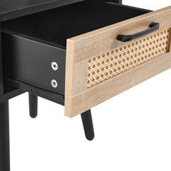 15.75" Rattan End table with drawer and solid wood legs Modern nightstand side table for living room black