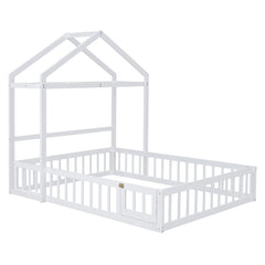 Wooden Full Size Children's Bed with Detachable Headboard and Integrated Clothes Drying Rack, White