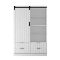 Tall Bedroom Armoire Wardrobe Closet Clothing Storage Cabinet with Hanging Rod Barn Door Drawers Open Shelves,White
